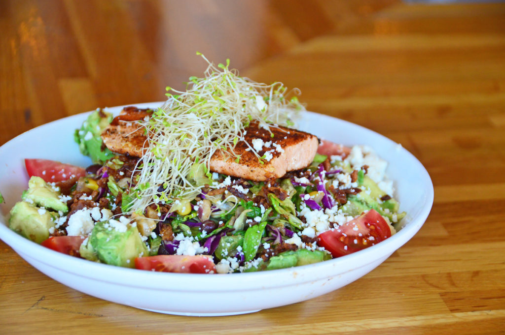 Salmon filet bowl from Grub Burger Bar. Photo by Ellie Sharp