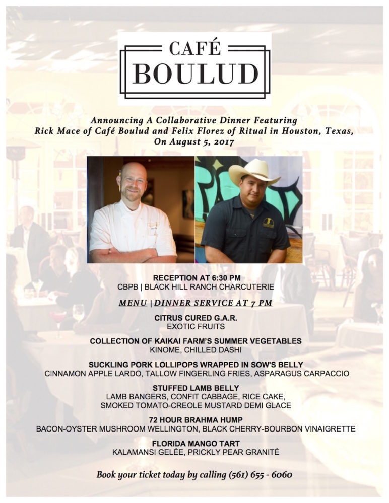 The flyer for a collaboration dinner at Cafe Boulud featuring guest Felix Florez