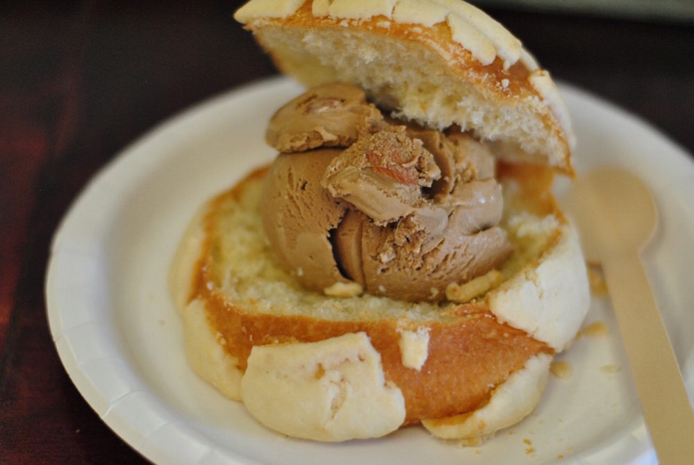 Almond and coffee ice cream sandwiched between two halves of a concha at Treats of Mexico.