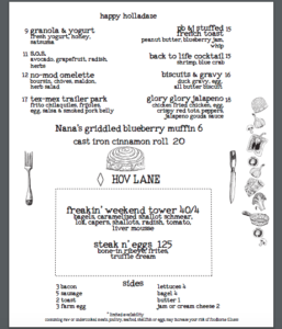 Sample brunch menu from Nobie's. Click to enlarge.