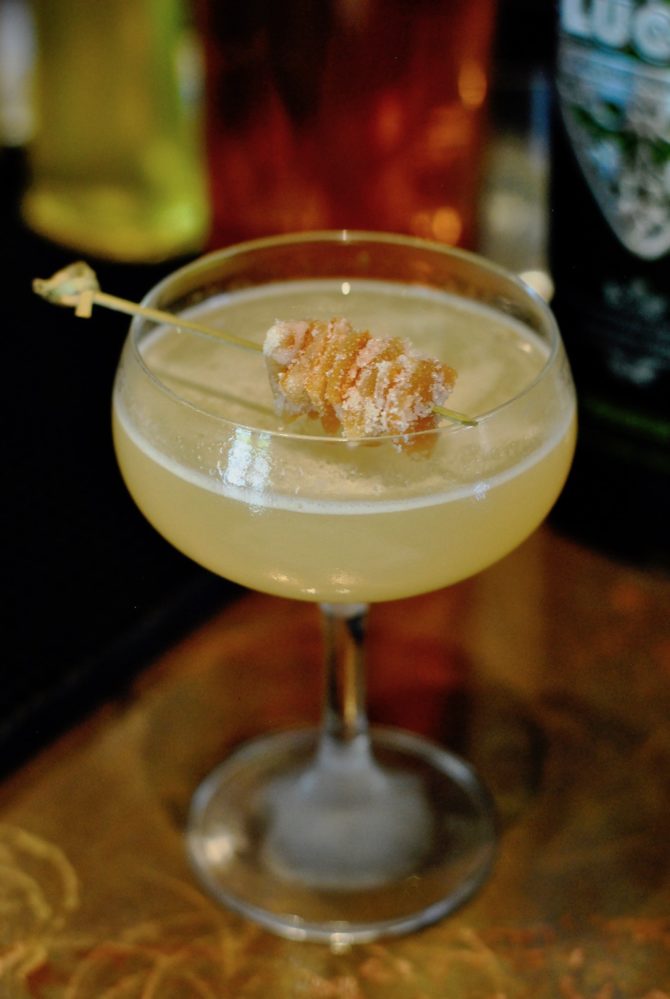 The Spanish Rake featured Lucid Absinthe, wild sweet orange tea, candied orange simple syrup, pineapple juice and candied orange peel as a garnish. Created by Christopher Lyttle