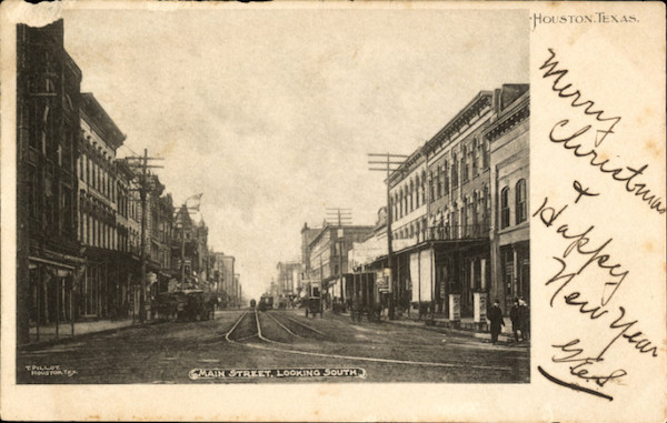 A 1904 post card shows 108 Main, second from right. Teolin Pillot Company - The University of Houston Digital Library